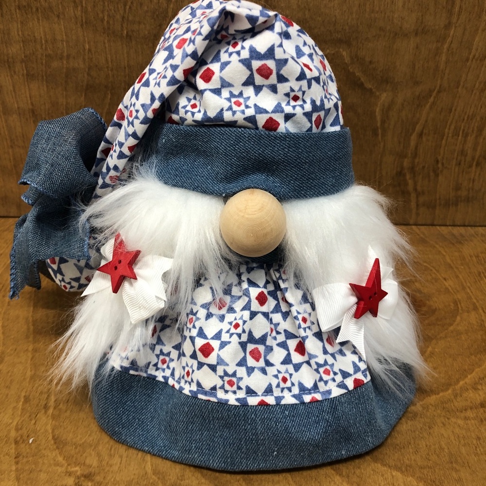 Red White Blue Calico Gnome Denim Stars Farmhouse Bows Summer Spring July 4th